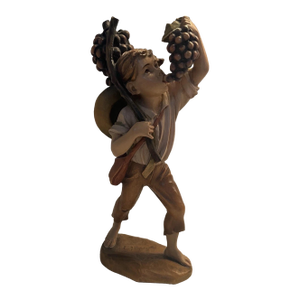 Vintage German Oberammergau Anri Wood Carving Figure 10” Tall. Boy Eating Grapes