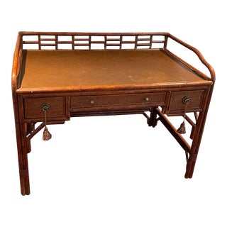 1940s Mid-Century Rattan Faux Bamboo Desk with Seagrass Detail For Sale