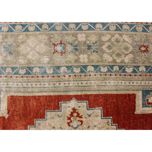 Medallion Vintage Turkish Oushak Turkish in Mid-Century Modern Red, Cream and Light Blue For Sale - Image 10 of 13