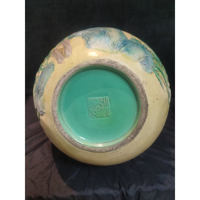 Yellow Chinese Ceramic Vase Qing Dynasty Qianlong Marked Yellow Ground Famille Rose Porcelain Tianqiu Vase Hand Carved Peacocks Pattern For Sale - Image 8 of 10