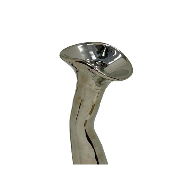 Teal Green Metallic Silver Glaze Narrow Neck Ceramic Art Vase For Sale - Image 11 of 11