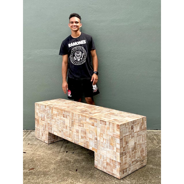Tan Vintage Geometric Patterned Wood Bench For Sale - Image 8 of 12