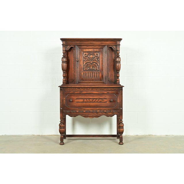 Berkey & Gay Style Antique English Jacobean Carved Oak Bar Cabinet, Circa 1920s For Sale - Image 16 of 16