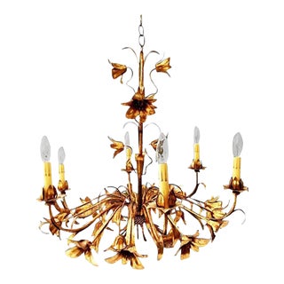 Gold Gilt Italian Tole Lily Six-Light Chandelier For Sale
