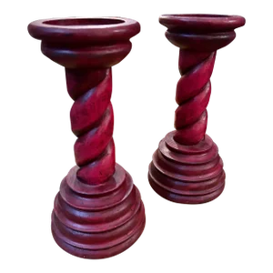 1980s Farmhouse Vintage Heavy Carved Twisted Wood Candle Holders - Set of 2