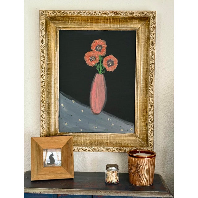 Vintage framed original painting of a whimsical vase of poppies against a black background on a tiny floral patterned...