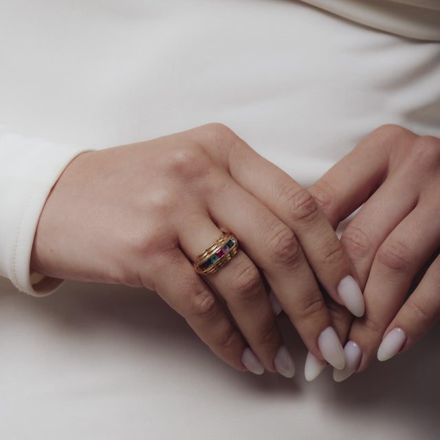 Vintage Diamond Emerald Amethyst Ruby Sapphire Topaz 18k Gold "Dearest" Ring, Size 4.75 For Sale - Image 4 of 6