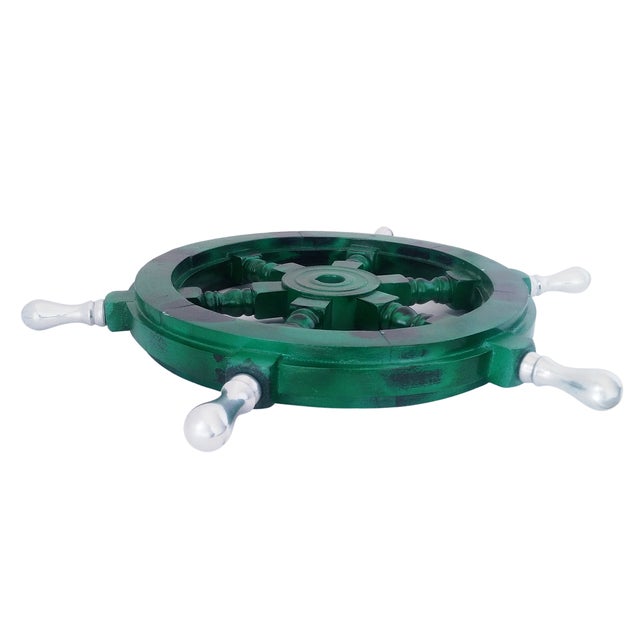 Vintage Nautical Handcrafted Green Wooden Ship Wheel With Aluminium Hub & Handle For Sale - Image 6 of 6
