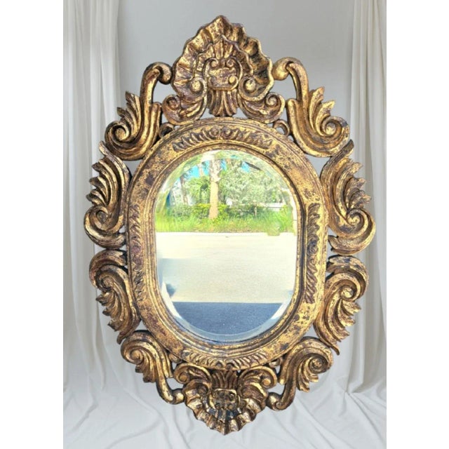 Wood Vintage Large Solid Carved Wood Gold Gilt Oval Hollywood Regency Wall Mirror For Sale - Image 7 of 8