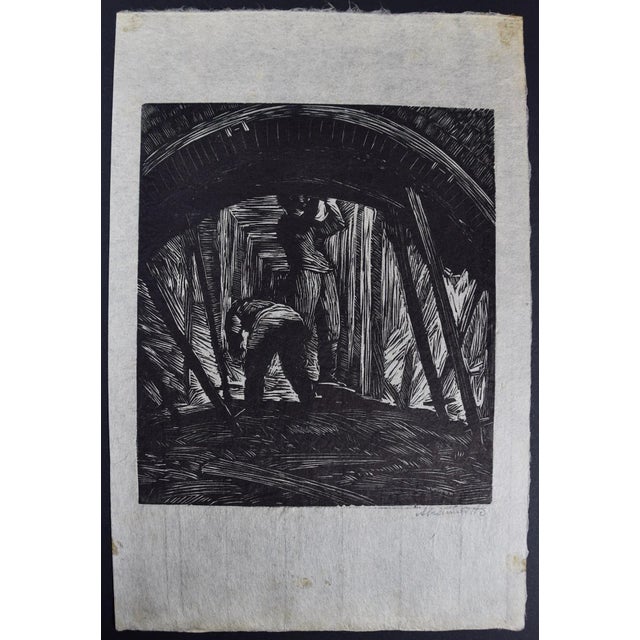 This is a signed woodcut engraving entitled "Mine Shaft" created by Albert Abramovitz in 1935, after a trip to the Soviet...