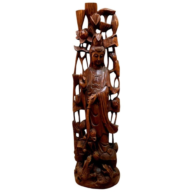 Vintage Chinese Carved Wood Guanyin Kuan Yin Lotus Birds Sculpture 23.75" For Sale In Dallas - Image 6 of 15