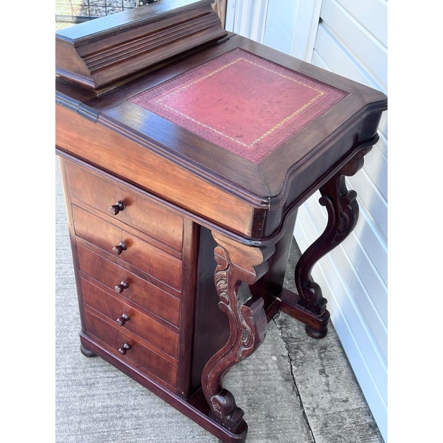 Brown Davenport Style Inlaid Mahogany Desk With Embossed Leather Top For Sale - Image 8 of 11