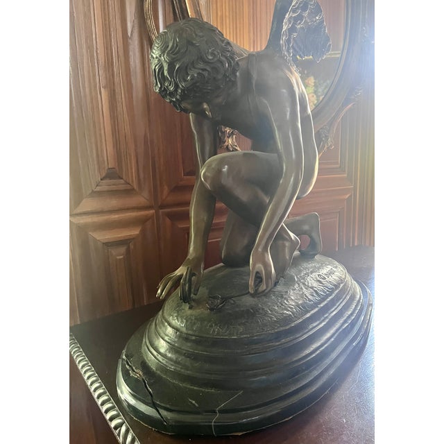 Vintage Grand Scale Patinated Bronze "Cupid Playing With a Butterfly" After Injalbert 1890 For Sale - Image 17 of 18