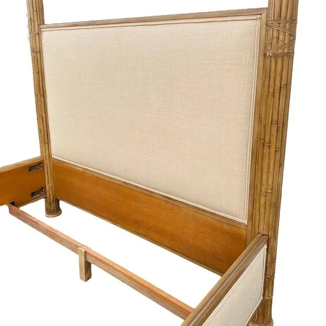 Hollywood Regency Bamboo Queen Poster Bed with Steel Canopy and Cream Linen Fabric For Sale - Image 3 of 11