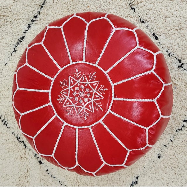 Animal Skin Moroccan Leather Pouf – Handmade Genuine Leather Ottoman, Boho Footstool, Unstuffed Floor Cushion, Artisan Home Décor Accent For Sale - Image 7 of 9