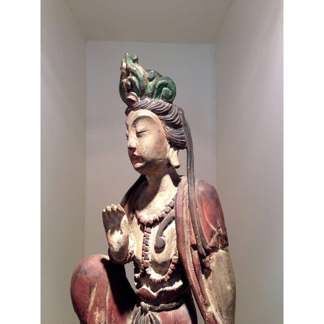 Wood 19th Century Pair of Chinese Wood Statues of Bodhisattva Buddhism Art For Sale - Image 7 of 10