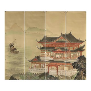 Chinese Mural Hand Painted Wallpaper Artworks - 4 Panels For Sale