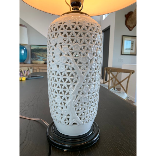 Early 20th Century Reticulated White Ginger Jar Lamp Wood Base and Cap