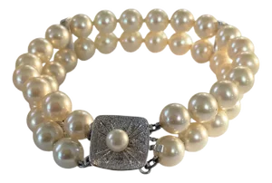 Vintage Czech Two Strand Pearl Bracelet With Faux Silver Tone Diamond Clasp 8"