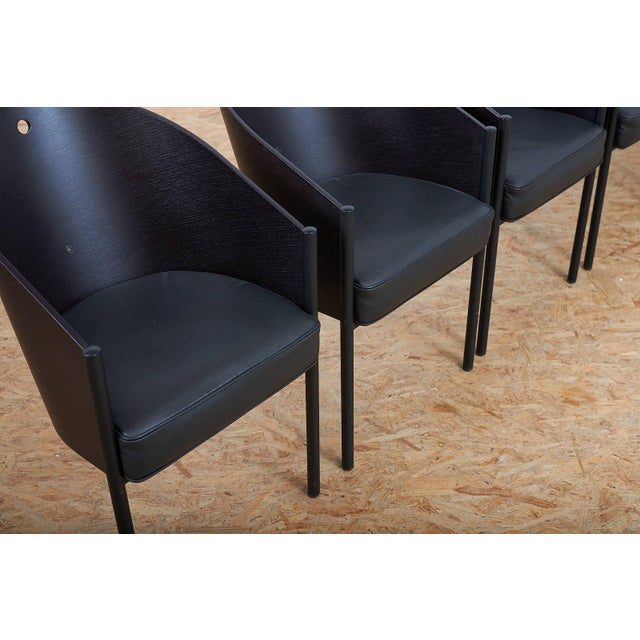 Costes Chair Set in Black Lacquered Tubular Steel Frame, Molded Plywood Seat and Leather by Philippe Starck, 1984, Set of 6 For Sale - Image 3 of 17