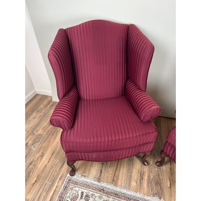 Transitional Vintage Pair Burgandy Wing Back Chairs by Hamilton House For Sale - Image 3 of 8