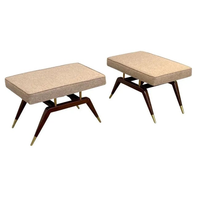 Pair of Modern walnut sculpted and brass sabot benches or settees inspired by Gio Ponti the famous Italian Mid - Century...