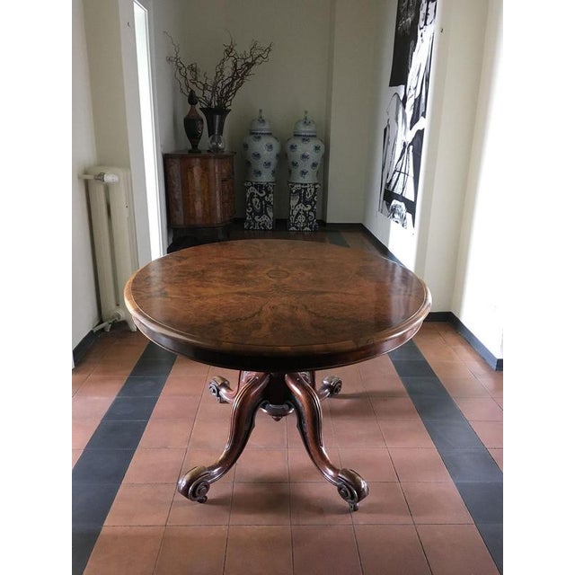 This magnificent and elegant tilt top oval table, has the top hand made in a selection of briar root and the central foot...