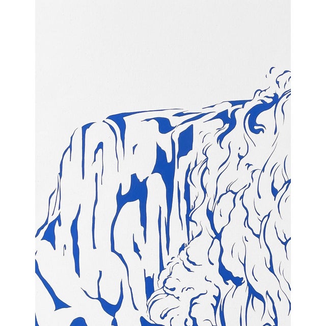 Blue and white landscape painting by contemporary Texas artist Max Kremer. The work features a clean, blue, contoured...