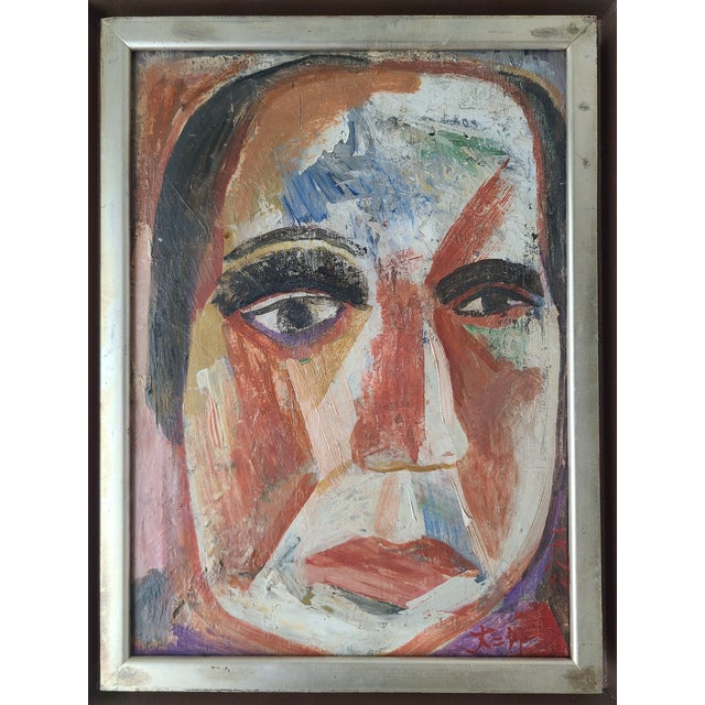 Bold 1980s expressionist portrait from Japan. Oil on canvas. Signed in the lower right with an inscription on verso....