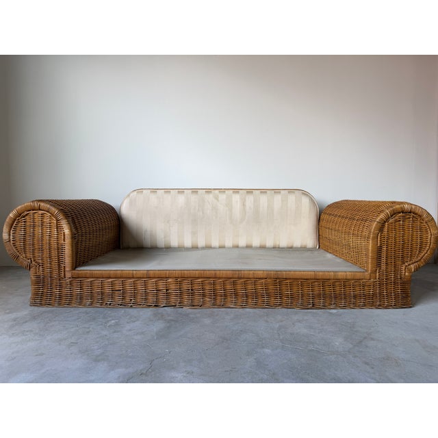 1970s Vintage Coastal Organic - Rattan Sofa With Rolled Arms & Striped Cushions For Sale - Image 13 of 18