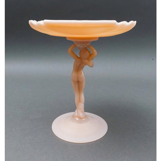 Cambridge Crown Tuscan Vintage Pink Statuesque Figural Lady Glass Compote. Measures approximately 7" long, 7 1/8" wide, 7...