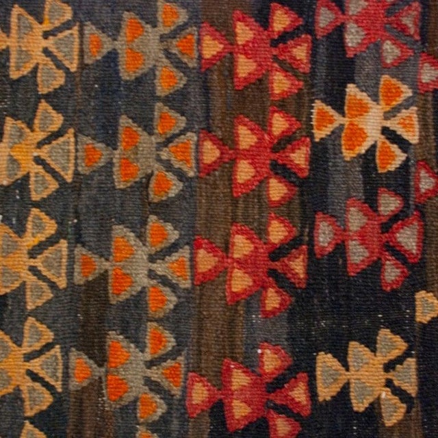 A 19th century Persian Varamin Kilim carpet runner with all-over multicolored geometric pattern in an indigo background...
