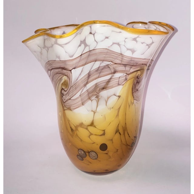 Murano Vintage Murano Style Hand Blown Art Glass Swirl Pattern Ruffled Edge Vase For Sale - Image 4 of 5