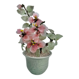 Mid 20th Century Asian Chinese Jade & Glass Cherry Blossom Bonsai Tree in Celadon Pot