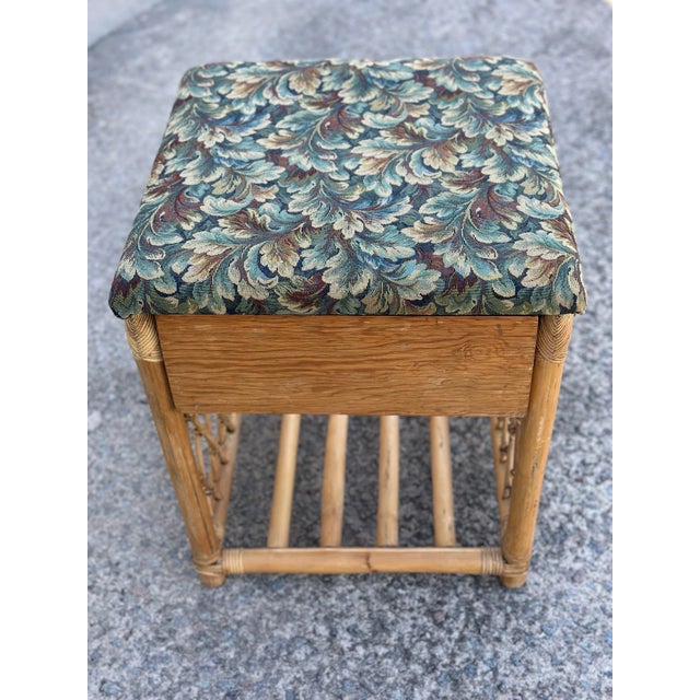 Coastal Antique Tapestry Covered Rattan Side Table For Sale - Image 3 of 9