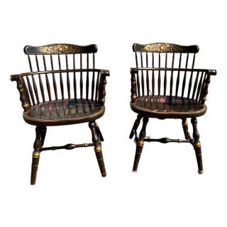 Pair Stenciled Arm Chairs Windsor Comb Backs Attrib.Nichols & Stone Harvest Farmhouse For Sale