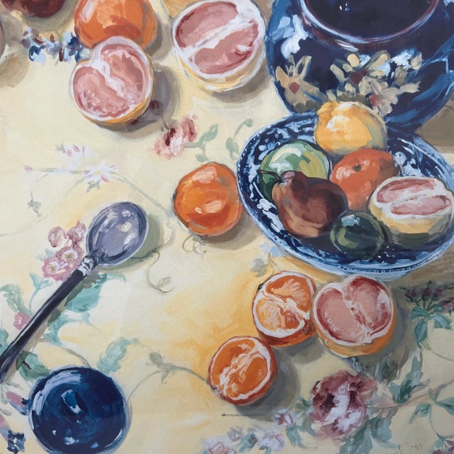 Leona Frank “Blue Cookie Jar With Grapefruit & Oranges” 1991 Artist Proof Watercolor Print For Sale - Image 10 of 12