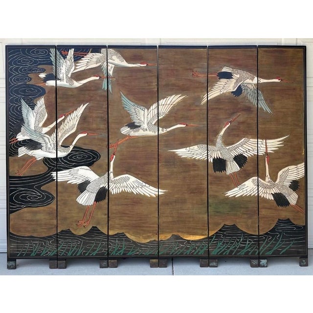 Decorative Japanese Six-Panel Double-Sided Lacquer Folding Screen With Hand-Painted Cranes For Sale - Image 9 of 18