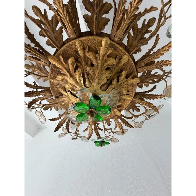 Flush Mount Maison Baguès Crystal Green Flowers Leaves Chandelier 9 Lights For Sale - Image 9 of 11