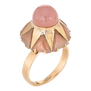 70s Rose Quartz Harlequin Ring Vintage 14k Yellow Gold Cocktail Jewellery Sz 6.5 For Sale