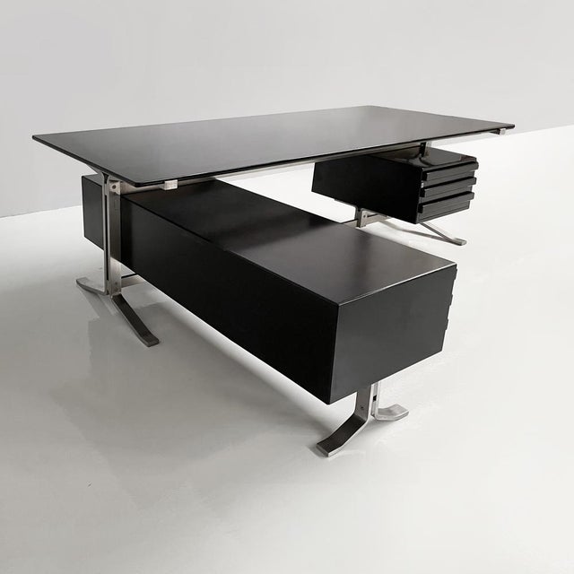 Italian Modern Black Wood, Steel and Smoked Glass Desk from Formanova, 1970s For Sale - Image 3 of 18