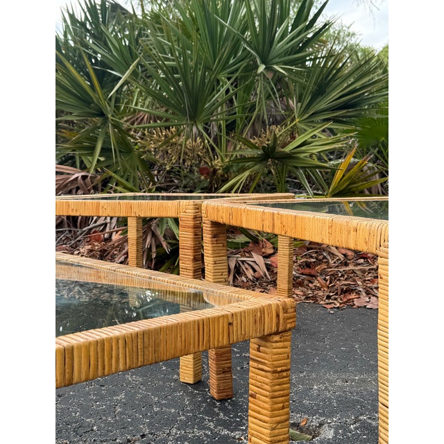 Vintage Coastal Rattan 3-Piece Living Room Table Set With Glass Tops For Sale - Image 4 of 9