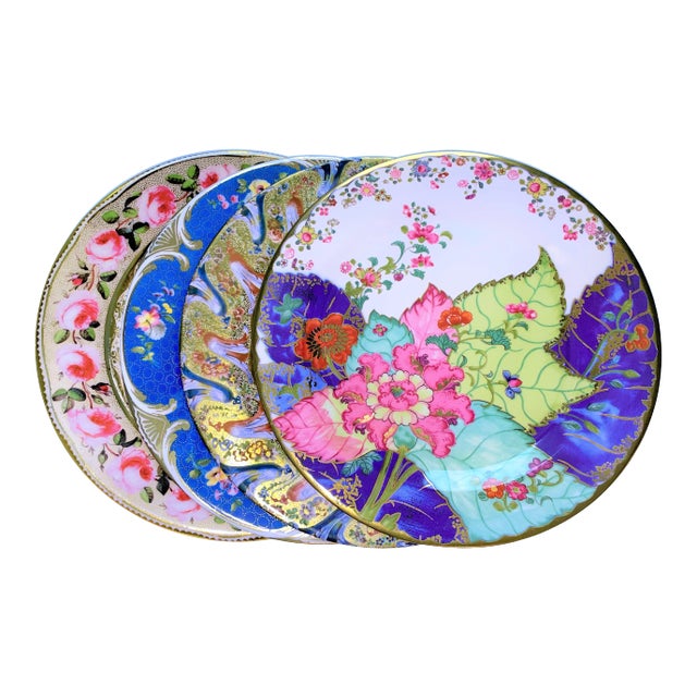 Mismatched Enameled Tin English Plates- Set of 4 For Sale