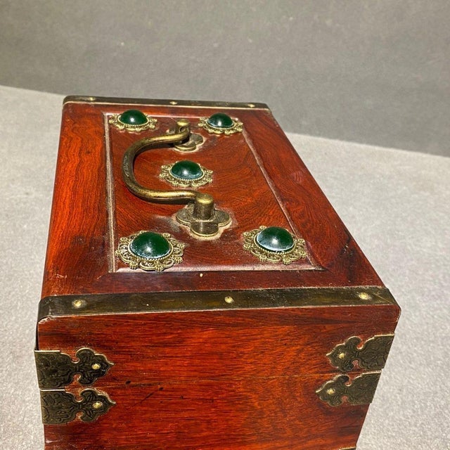 1990s Rosewood Jewelry Box With Brass Mounts & Jade Cabochons – Chinoiserie Decor For Sale - Image 5 of 10