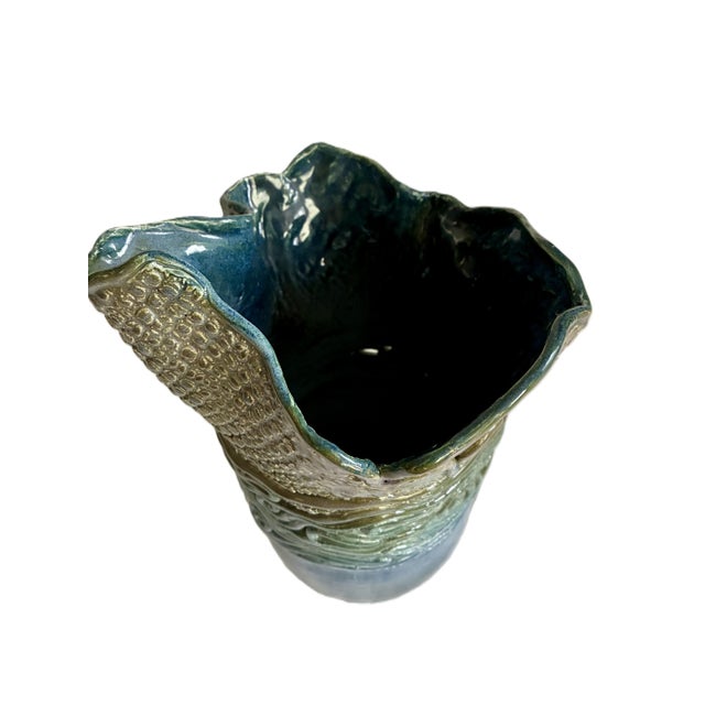 Signed 1970s Blue Hand Build Coil Mid Century Stoneware Vase / 70s Organic Art Vessel /Modernist Ceramic Art Studio Pottery For Sale In Cleveland - Image 6 of 9