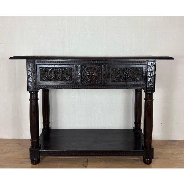 Traditional 19th Century Spanish Carved Oak Console Table with Two Drawers For Sale - Image 3 of 9