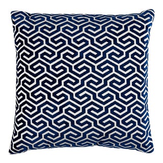 Schumacher Ming Fret Velvet 22" Pillow in Navy For Sale