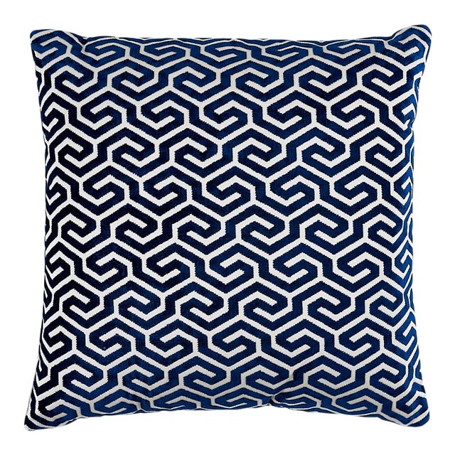 Schumacher Ming Fret Velvet 22" Pillow in Navy For Sale