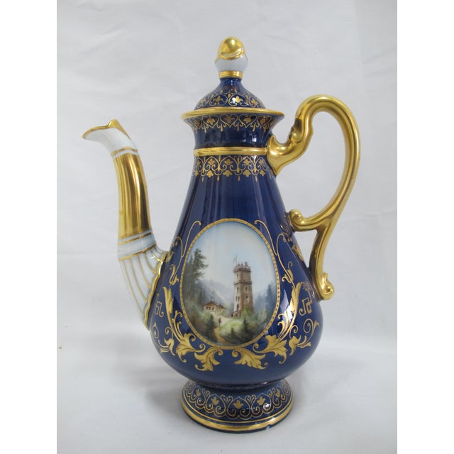 Rococo 19th Art Nouveau Century Hans Heiling Karlsbad Gilt Hand Painted Castle Landscape Porcelain Coffee Pot For Sale - Image 3 of 13