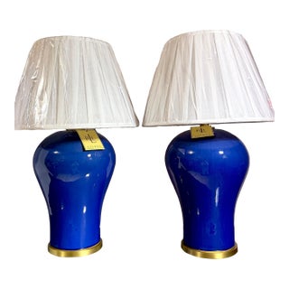 Giant Pair of Ralph Lauren Cobalt Blue Ceramic Lamps For Sale